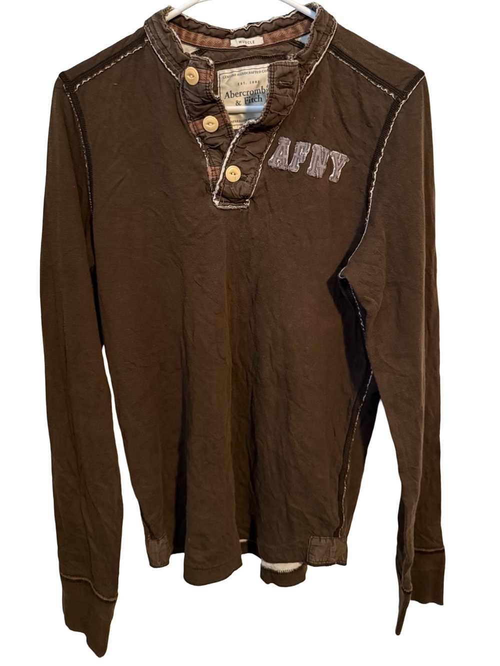 Vintage Y2K Abercrombie & Fitch Puff Letters Men's Brown Long-Sleeve Henley S